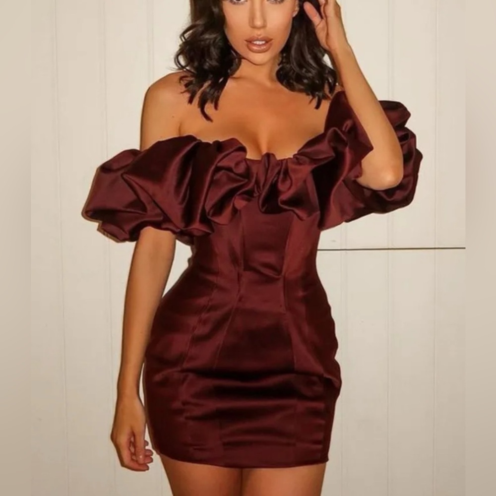 House of CB Off-Shoulder Ruffled Mini Dress in Deep Burgundy